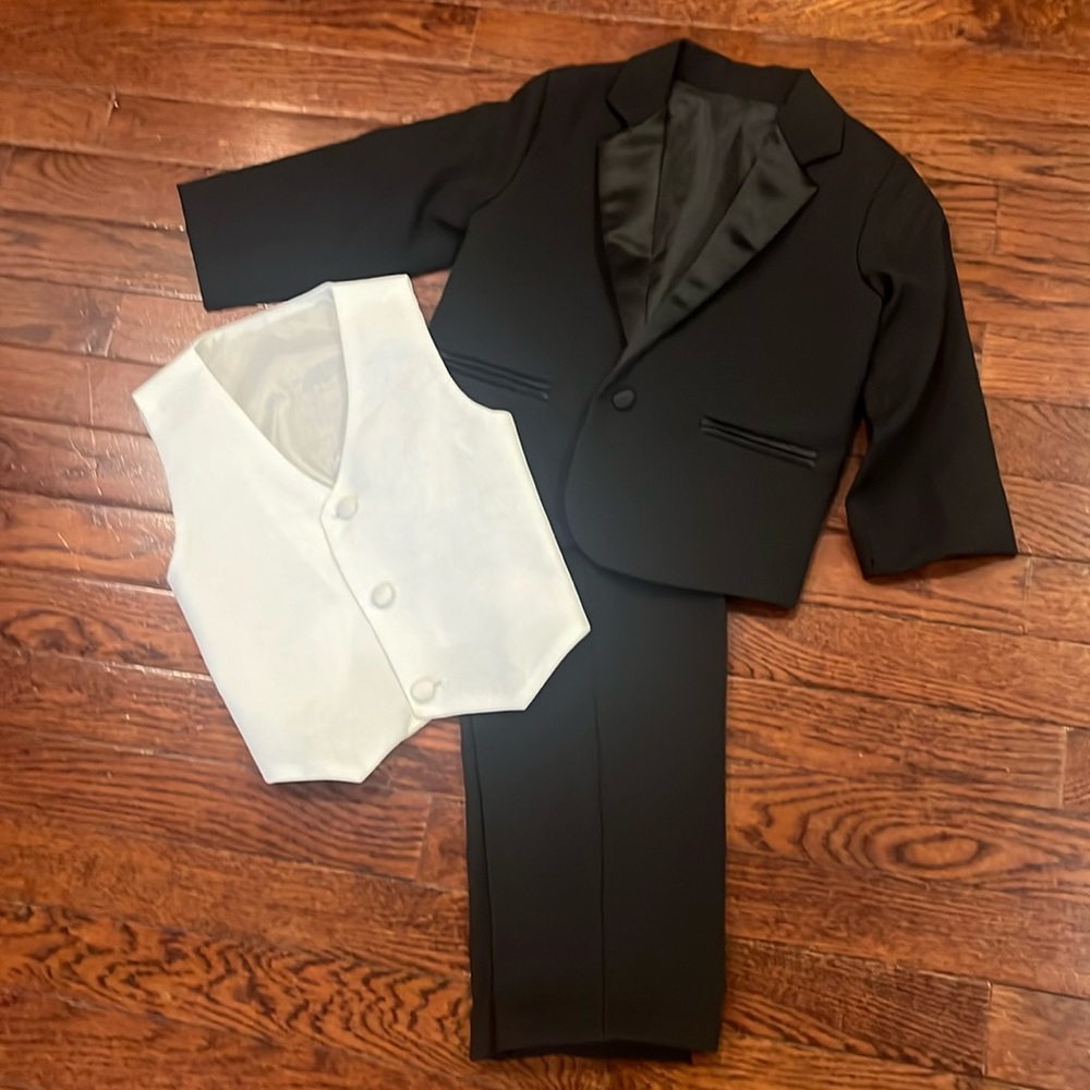 Toddler black tuxedo jacket, white vest and black pants - 3pc